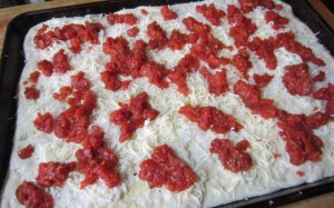 sheet pan pizza topped